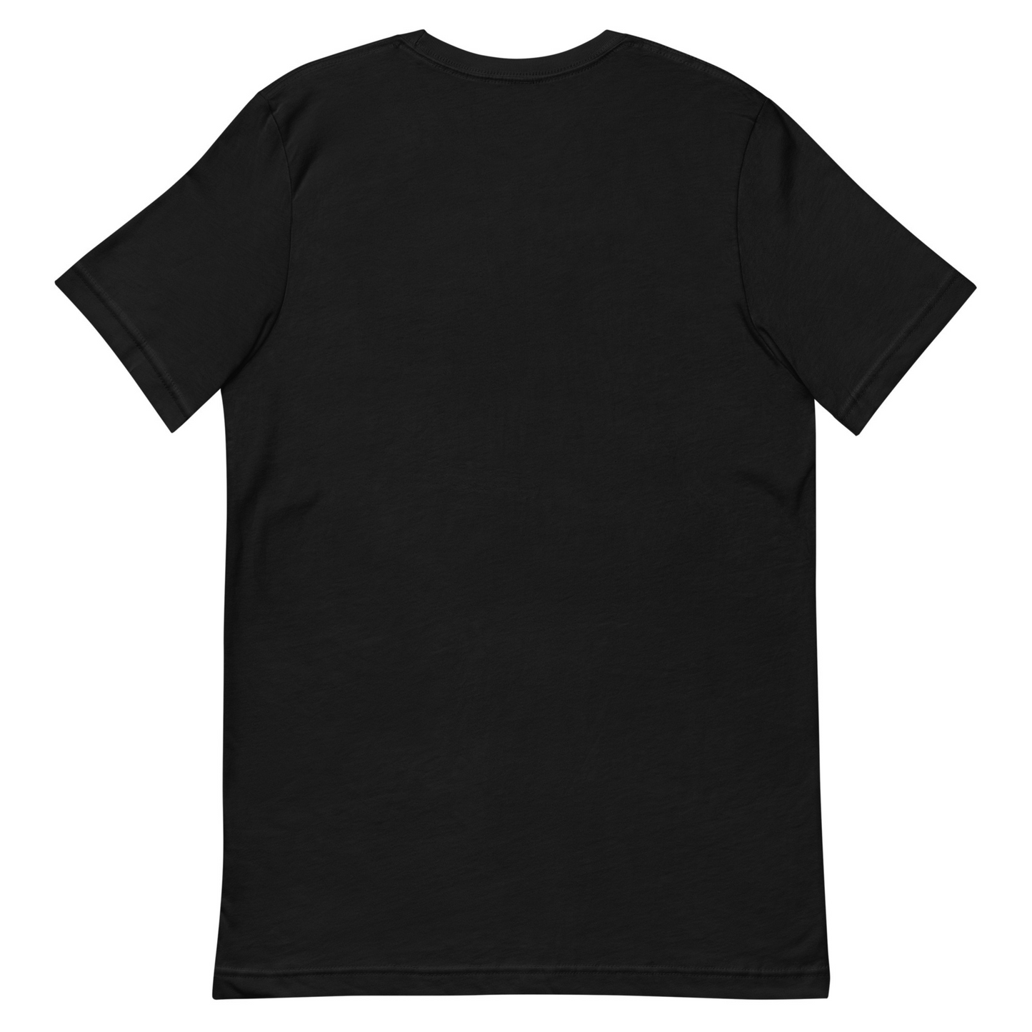 Plain black crew neck t-shirt seen from the back, showcasing a clean and simple design with no graphics or text.