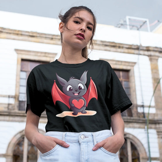 A woman casually poses outside, sporting a black t-shirt emblazoned with a graphic of an adorable cartoon bat with red wings and a heart, paired with classic blue jeans for a relaxed urban style.