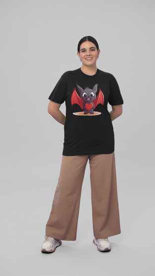 A smiling woman in a studio psing with a black t-shirt adorned with a cute cartoon bat character in the center holding a red heart, showcasing a playful and loving design.