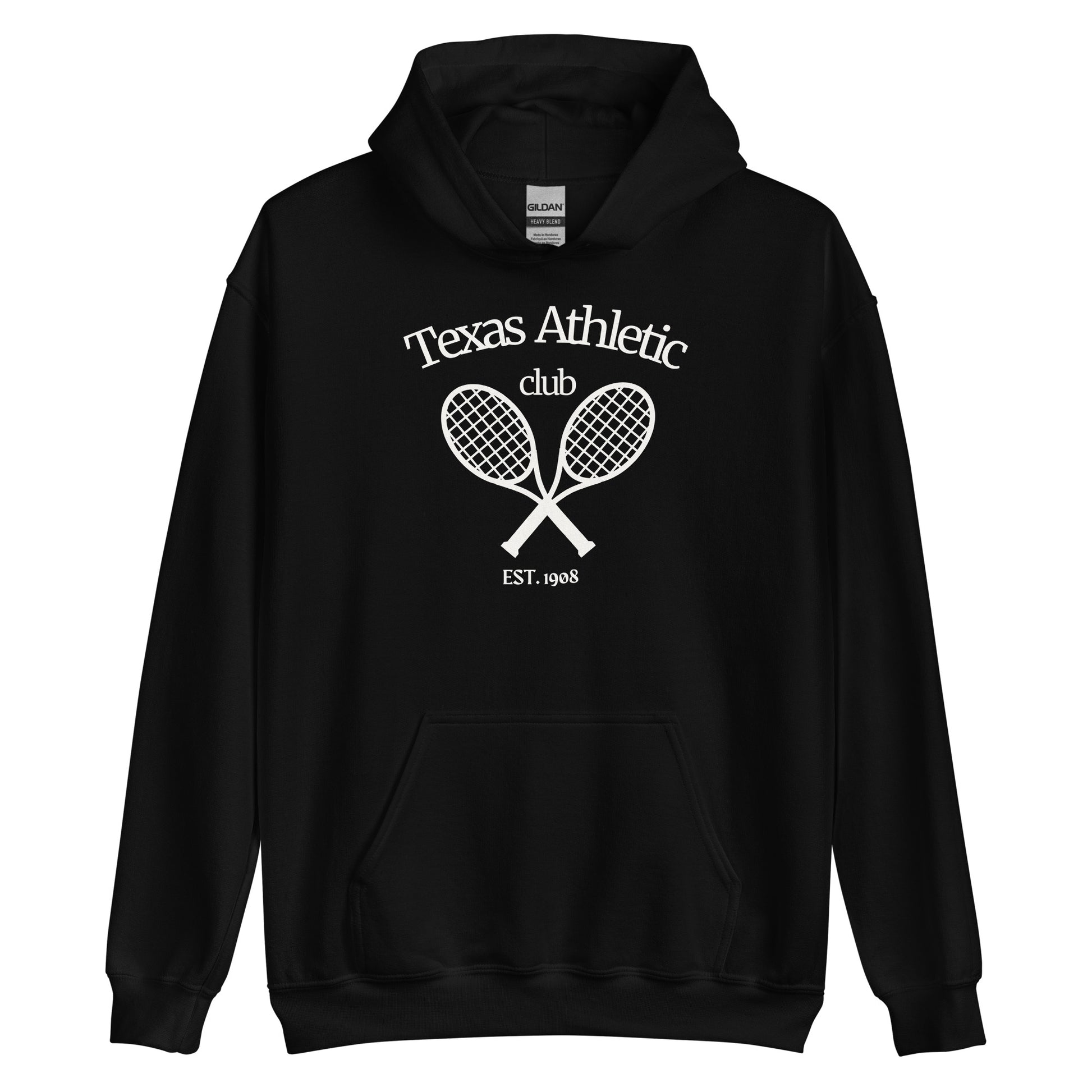 Black hoodie with white 'Texas Athletic Club' text and crossed tennis rackets graphic, front pouch pocket, ribbed cuffs and hem, displayed on a plain background.