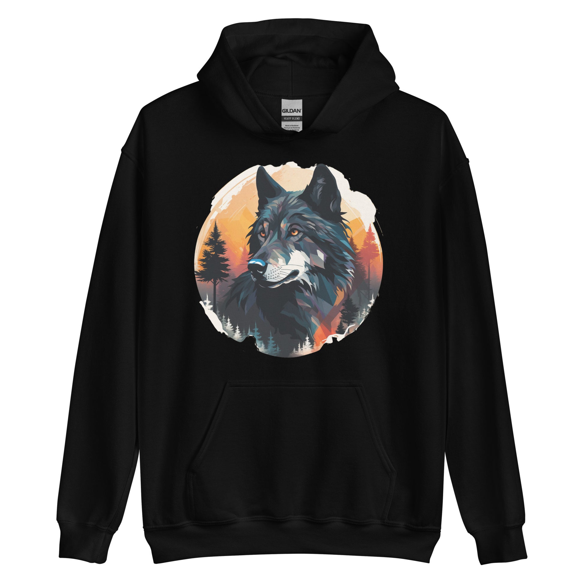 A black hoodie featuring a large circular graphic print on the front. The print showcases an intricate illustration of a wolf's head with a backdrop of pine trees and a warm sunset gradient. The hoodie has a kangaroo pocket and is made from a heavy blend fabric, with the Gildan brand tag visible on the inside collar.
