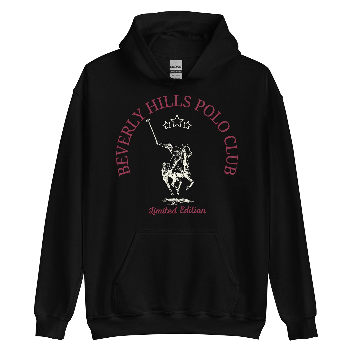A black hoodie features the 'Beverly Hills Polo Club' logo with a white illustration of a polo player on horseback, accompanied by three white stars above and the words 'Limited Edition' below. The design is centered on the chest of the hoodie, which has a front pouch pocket and is displayed on a plain background.