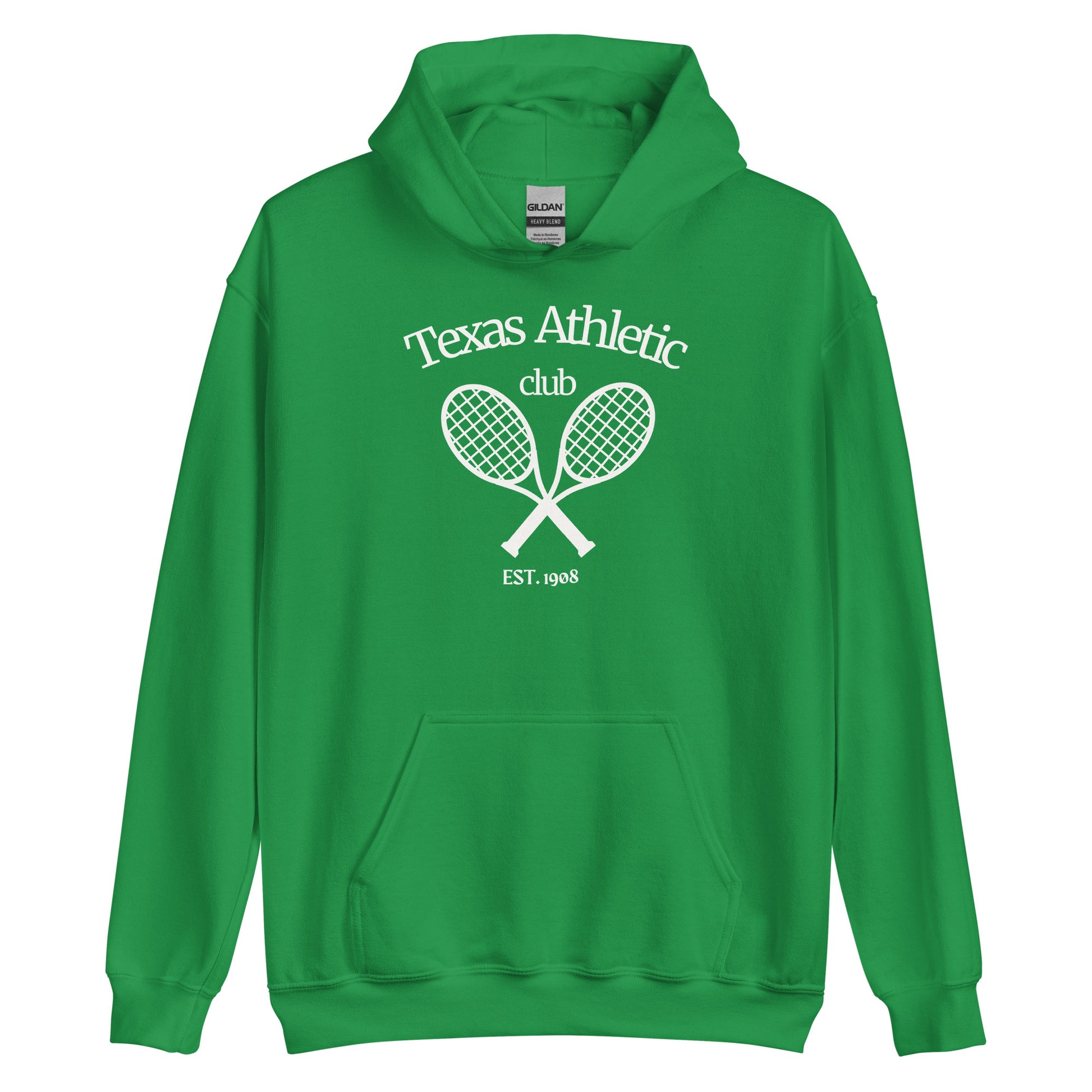 Kelly Green hoodie with white 'Texas Athletic Club' text and crossed tennis rackets graphic, front pouch pocket, ribbed cuffs and hem, displayed on a plain background.