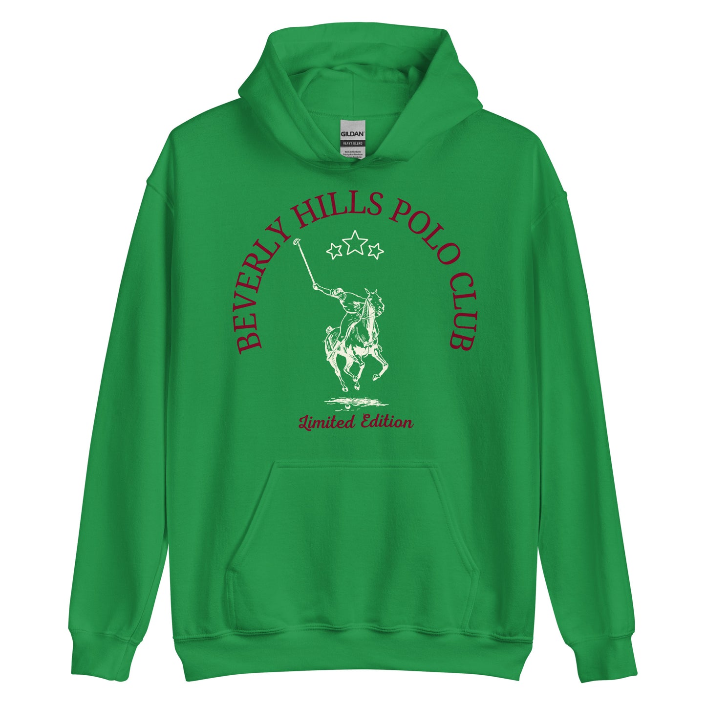 A Green hoodie features the 'Beverly Hills Polo Club' logo with a white illustration of a polo player on horseback, accompanied by three white stars above and the words 'Limited Edition' below. The design is centered on the chest of the hoodie, which has a front pouch pocket and is displayed on a plain background.