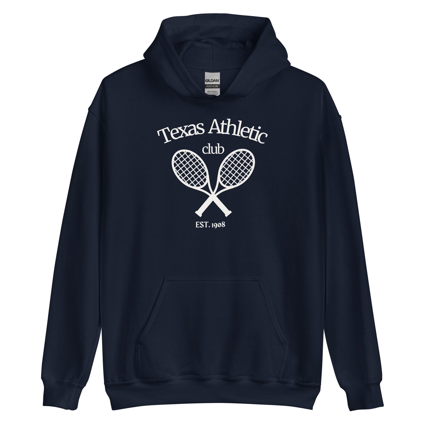 Navy Blue hoodie with white 'Texas Athletic Club' text and crossed tennis rackets graphic, front pouch pocket, ribbed cuffs and hem, displayed on a plain background.