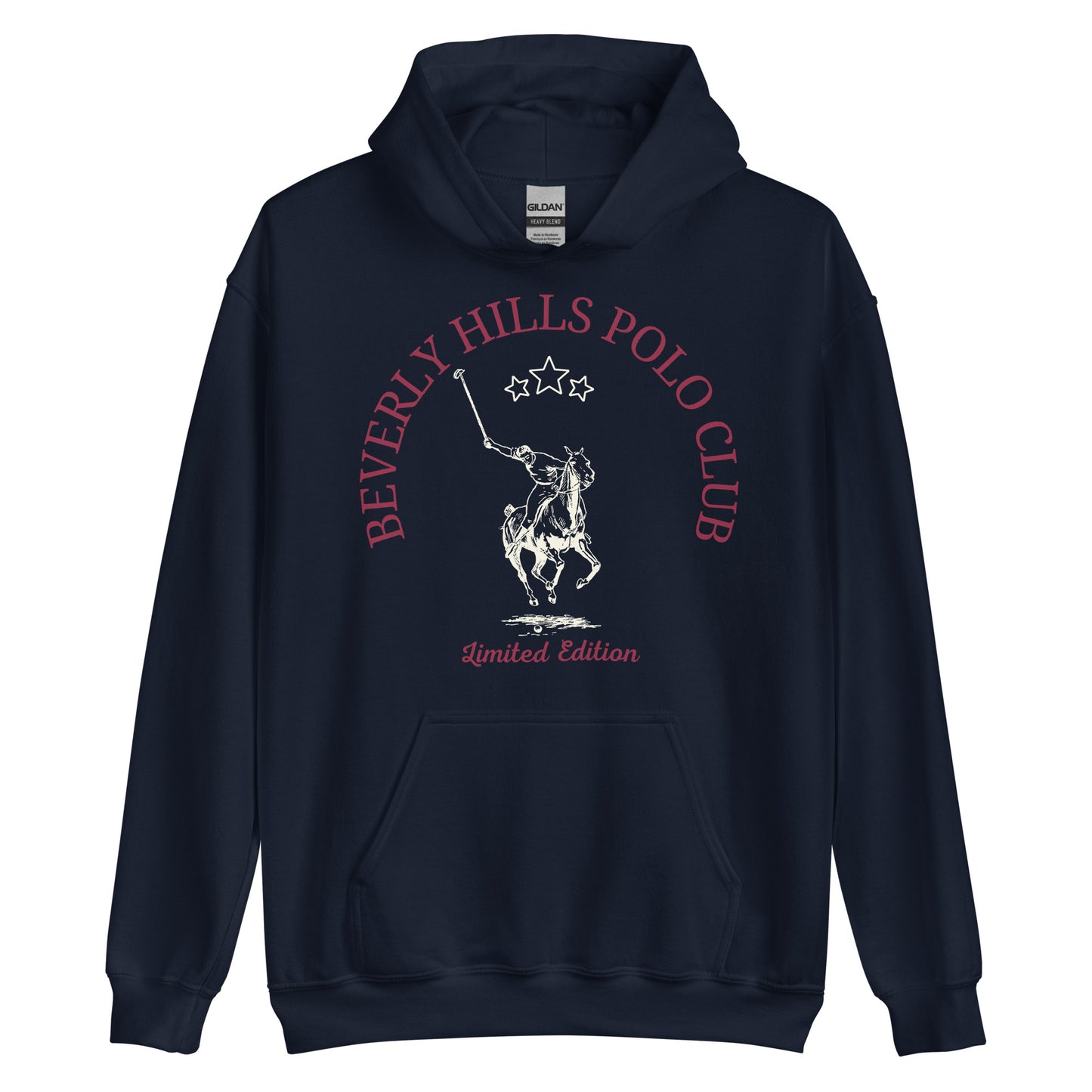A Navy Blue hoodie features the 'Beverly Hills Polo Club' logo with a white illustration of a polo player on horseback, accompanied by three white stars above and the words 'Limited Edition' below. The design is centered on the chest of the hoodie, which has a front pouch pocket and is displayed on a plain background.