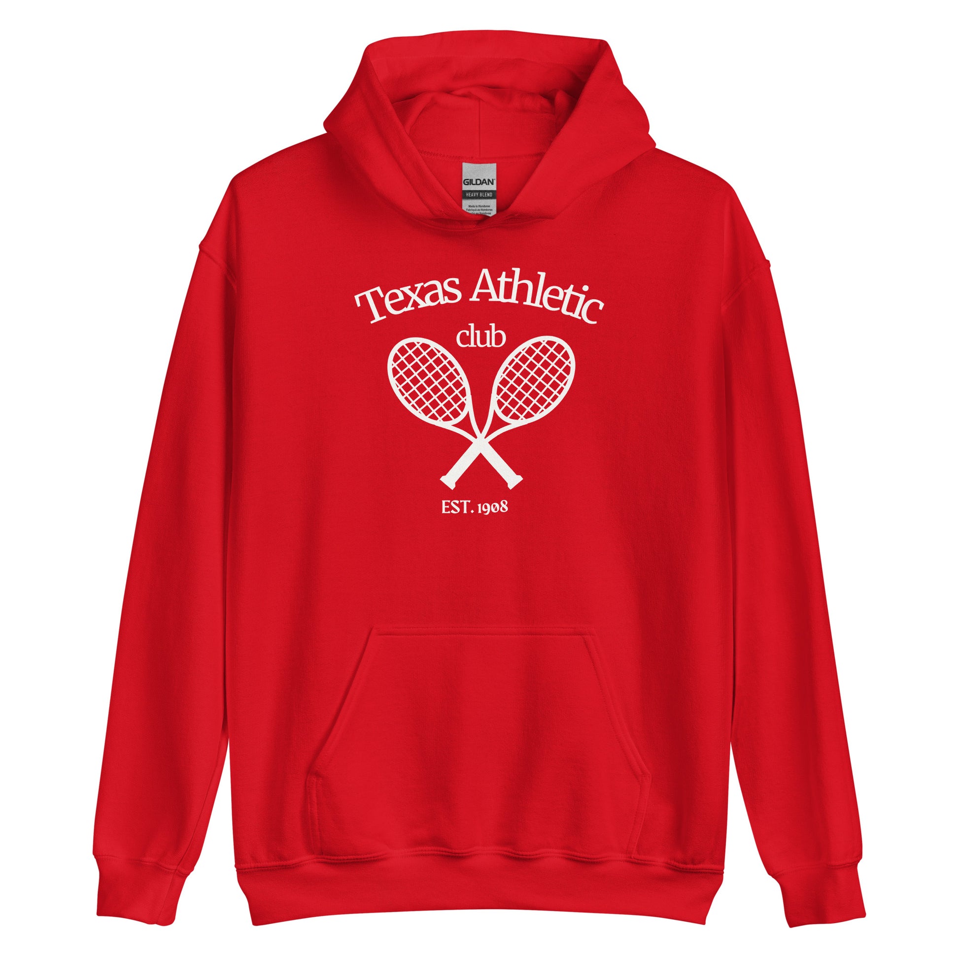 Red hoodie with white 'Texas Athletic Club' text and crossed tennis rackets graphic, front pouch pocket, ribbed cuffs and hem, displayed on a plain background.