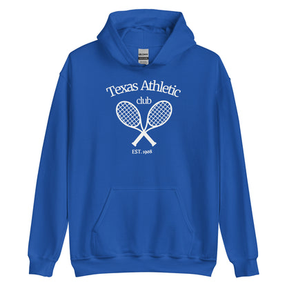 Royal Blue hoodie with white 'Texas Athletic Club' text and crossed tennis rackets graphic, front pouch pocket, ribbed cuffs and hem, displayed on a plain background.