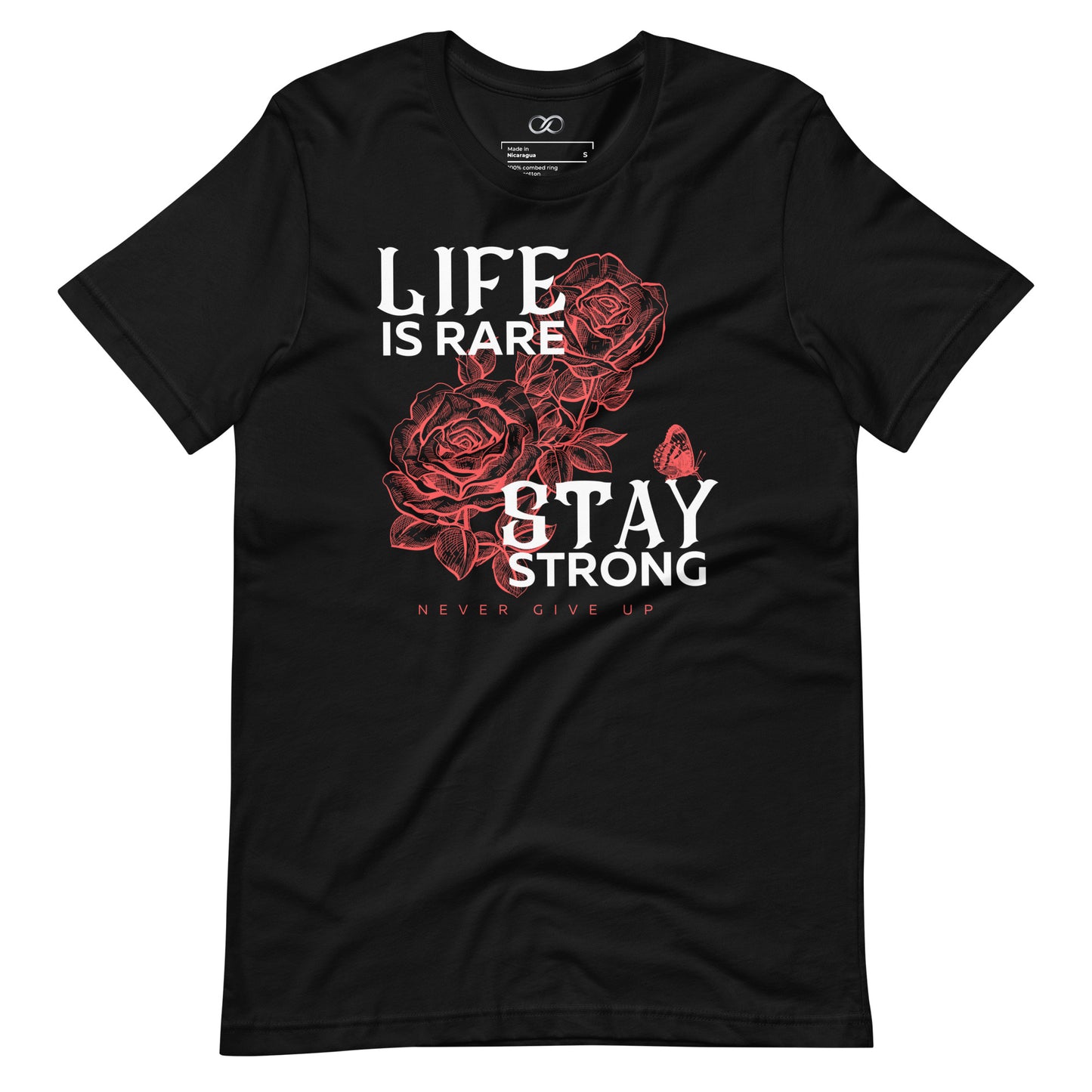 Black 'Stay Strong' motivational quote t-shirt with red roses, symbolizing strength and perseverance.