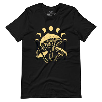 Black Soft cotton t-shirt with a round neck and a cosmic mushroom graphic, merging nature with celestial vibes.