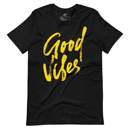 Black cotton t-shirt with 'Good Vibes' in dripping yellow paint-style graphic, exuding positivity in a relaxed fit.
