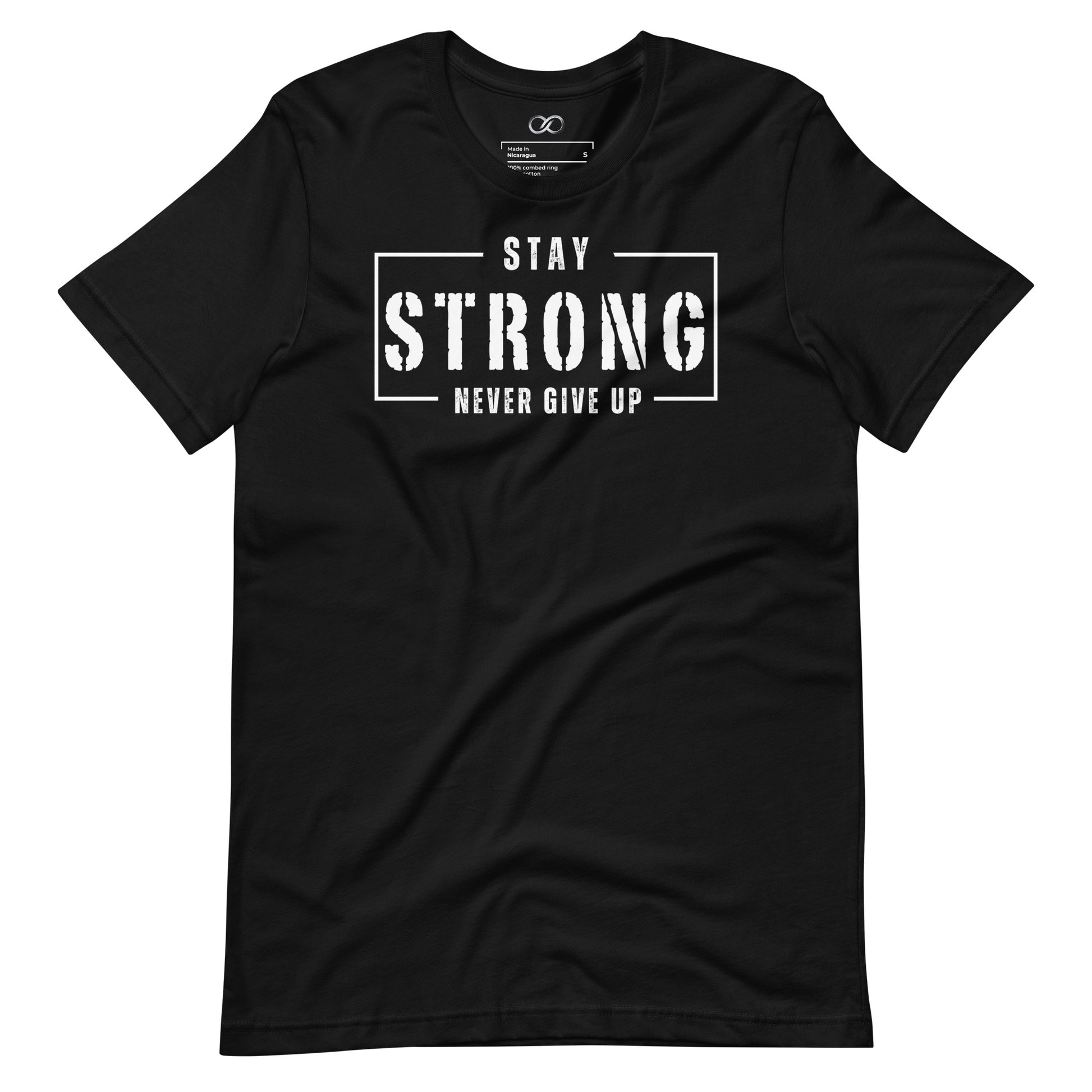 Black crew neck t-shirt featuring the motivational phrase 'Stay Strong Never Give Up' in bold white lettering, symbolizing determination and courage.