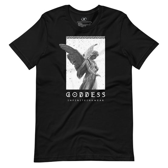 Black cotton t-shirt with a striking 'Goddess' graphic showcasing a classical angelic statue, perfect for a timeless, artistic look.