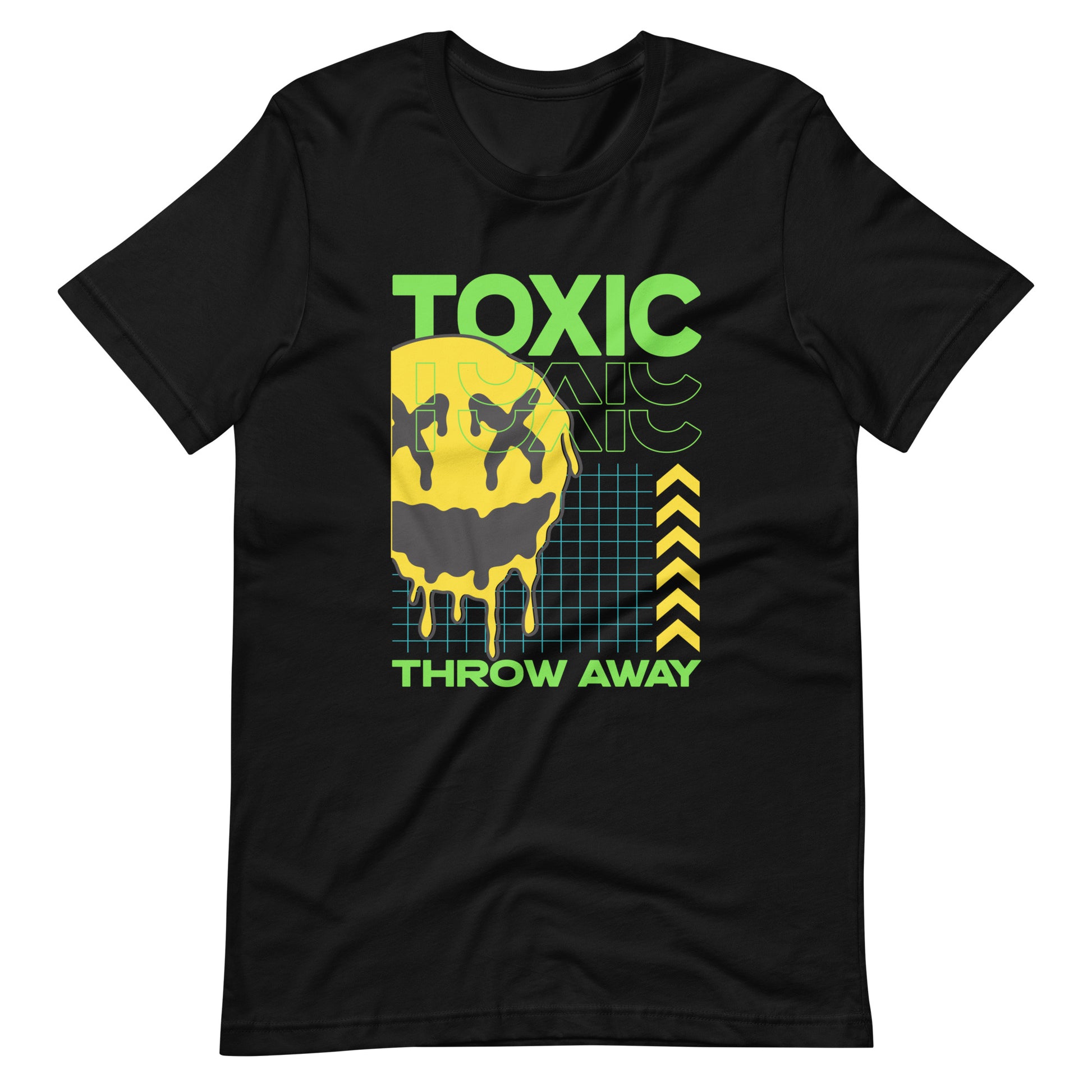 Black relaxed fit round neck t-shirt with a bold 'Toxic Throw Away' statement graphic in vibrant colors.