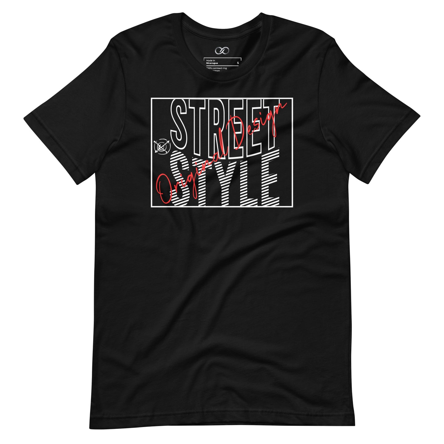 A black unisex staple t-shirt laid flat, showcasing a bold graphic print with the words 'STREET STYLE' in a large, stylized font in white and red colors, with a small graphic of sunglasses on the upper left.