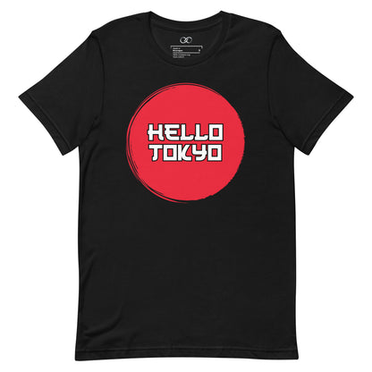 A full view of a black t-shirt with 'Hello Tokyo' text inside a striking red circle, laid flat to display the design.