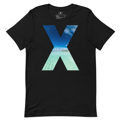 Black unisex t-shirt with a large blue letter 'X' filled with a tropical beach scene, front view against a white background.