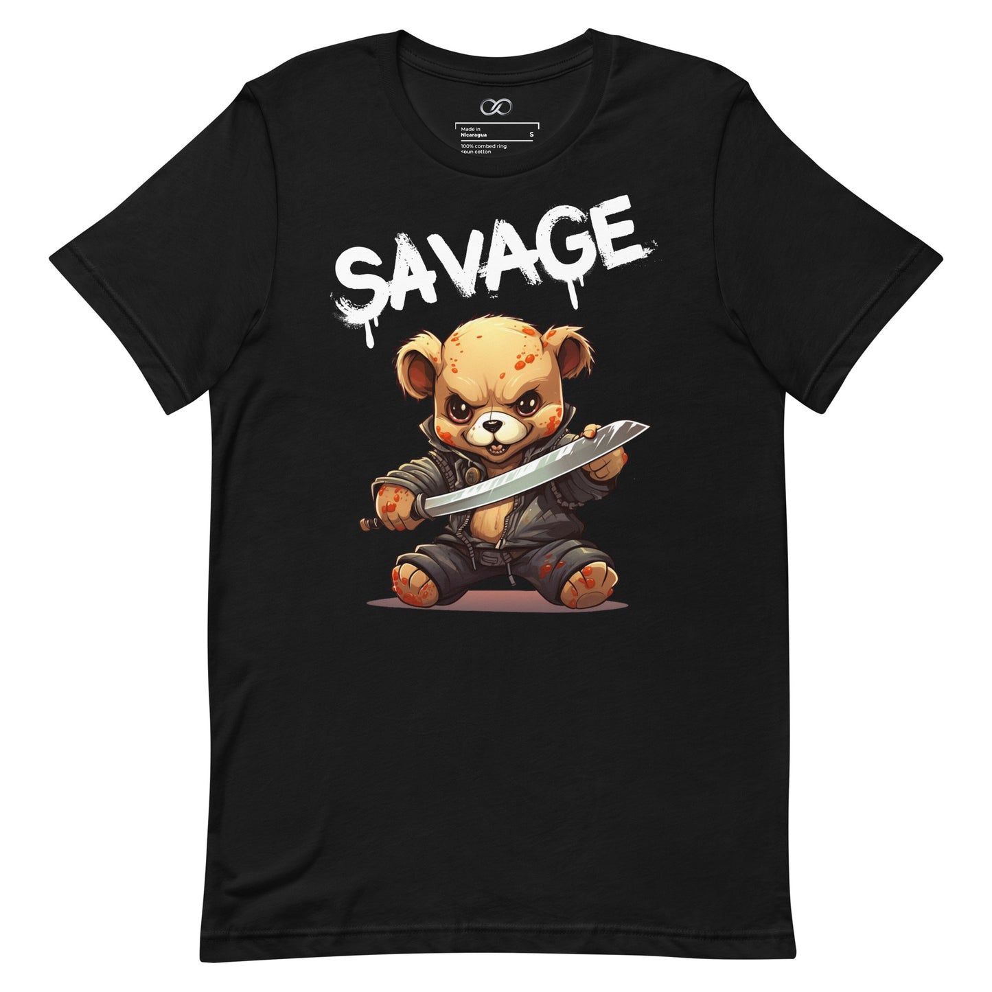 A black t-shirt with a dynamic graphic of an aggressive teddy bear holding a knife, with the word 'SAVAGE' in bold, dripping white letters above.