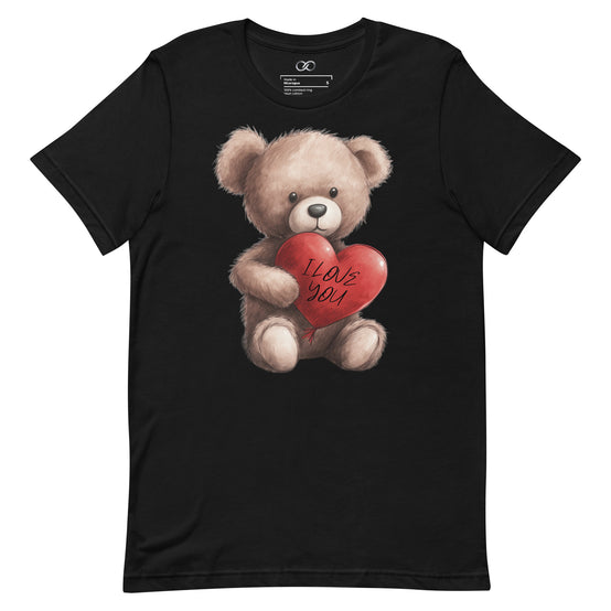 Full view of a black t-shirt displaying a charming teddy bear clutching a red heart with 'I Love You' script, symbolizing affection and love.