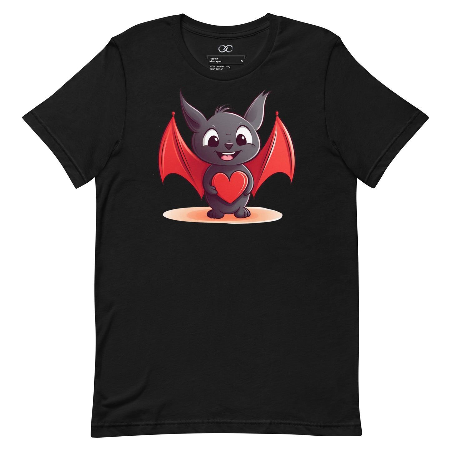 Black t-shirt with a cheerful cartoon bat character in the center, holding a heart, with wide eyes and large red wings.