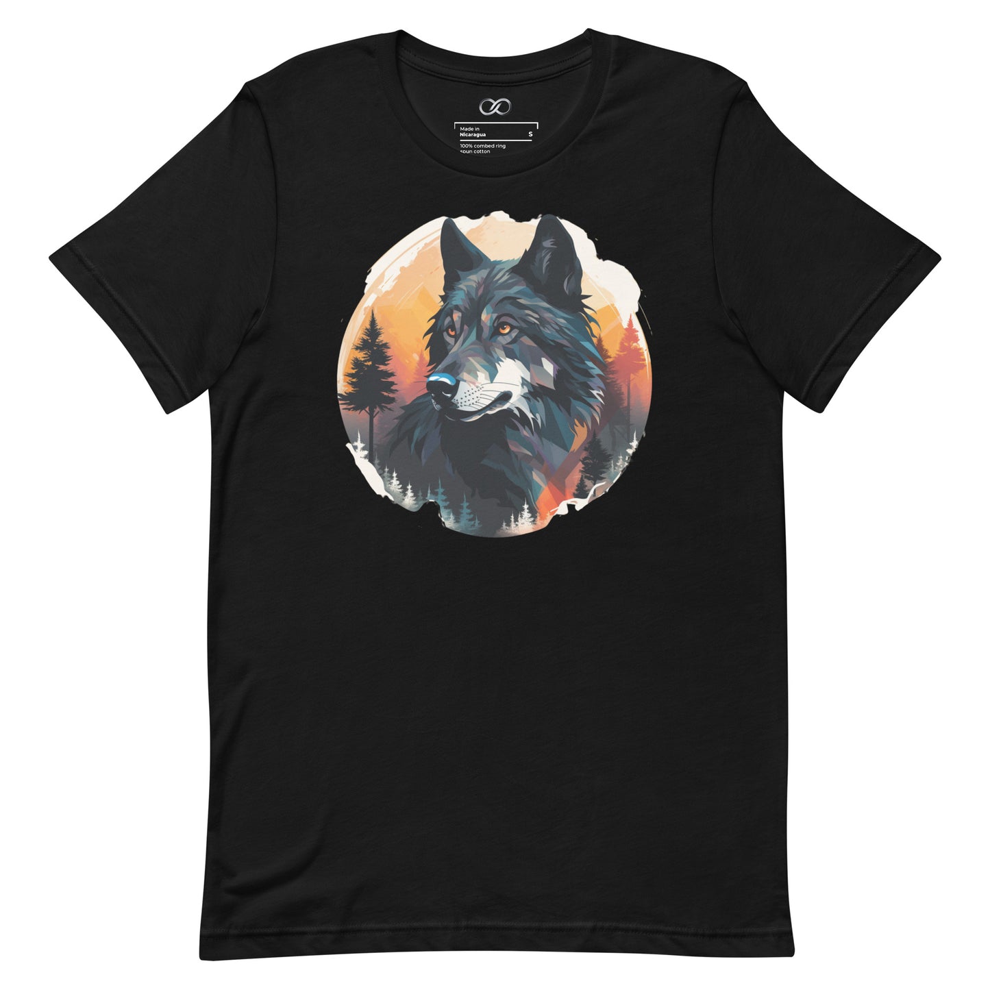 Black t-shirt with a central circular graphic depicting a detailed illustration of a wolf's face set against a backdrop of pine trees and sunset hues. The wolf is rendered in shades of blue and black with touches of white, conveying a majestic and wild essence.