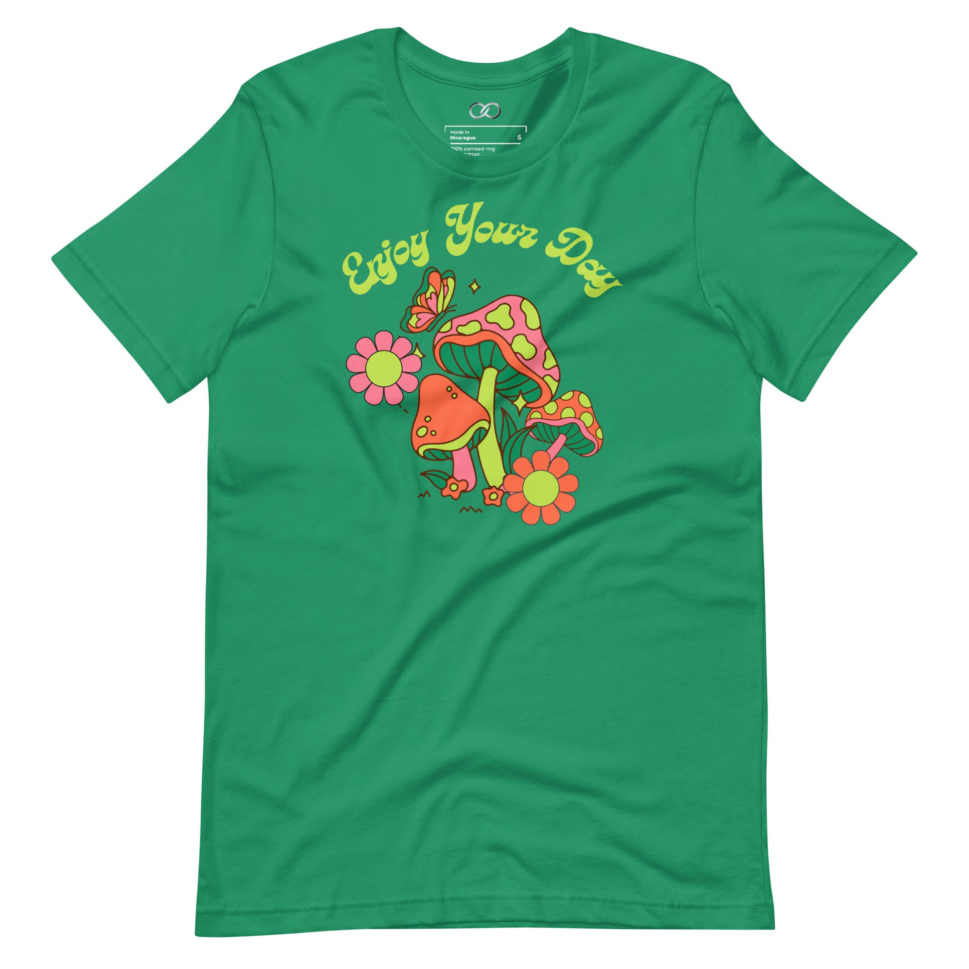 A green short sleeve shirt featuring a colorful 'Enjoy Your Day' mushroom design, combining comfort with a cheerful saying.