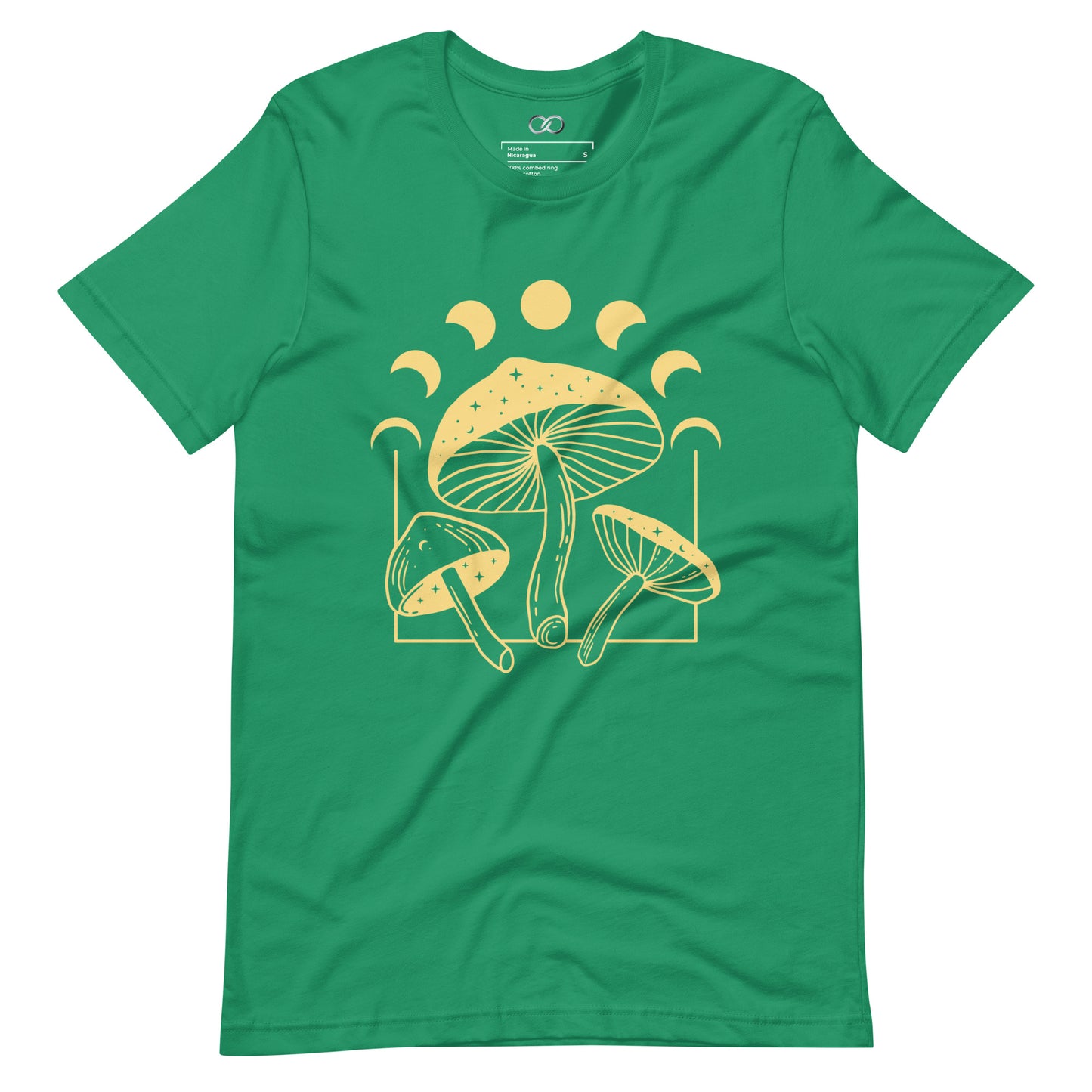 Green Soft cotton t-shirt with a round neck and a cosmic mushroom graphic, merging nature with celestial vibes.