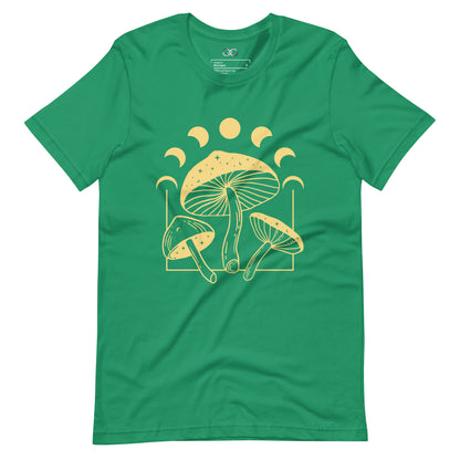 Green Soft cotton t-shirt with a round neck and a cosmic mushroom graphic, merging nature with celestial vibes.