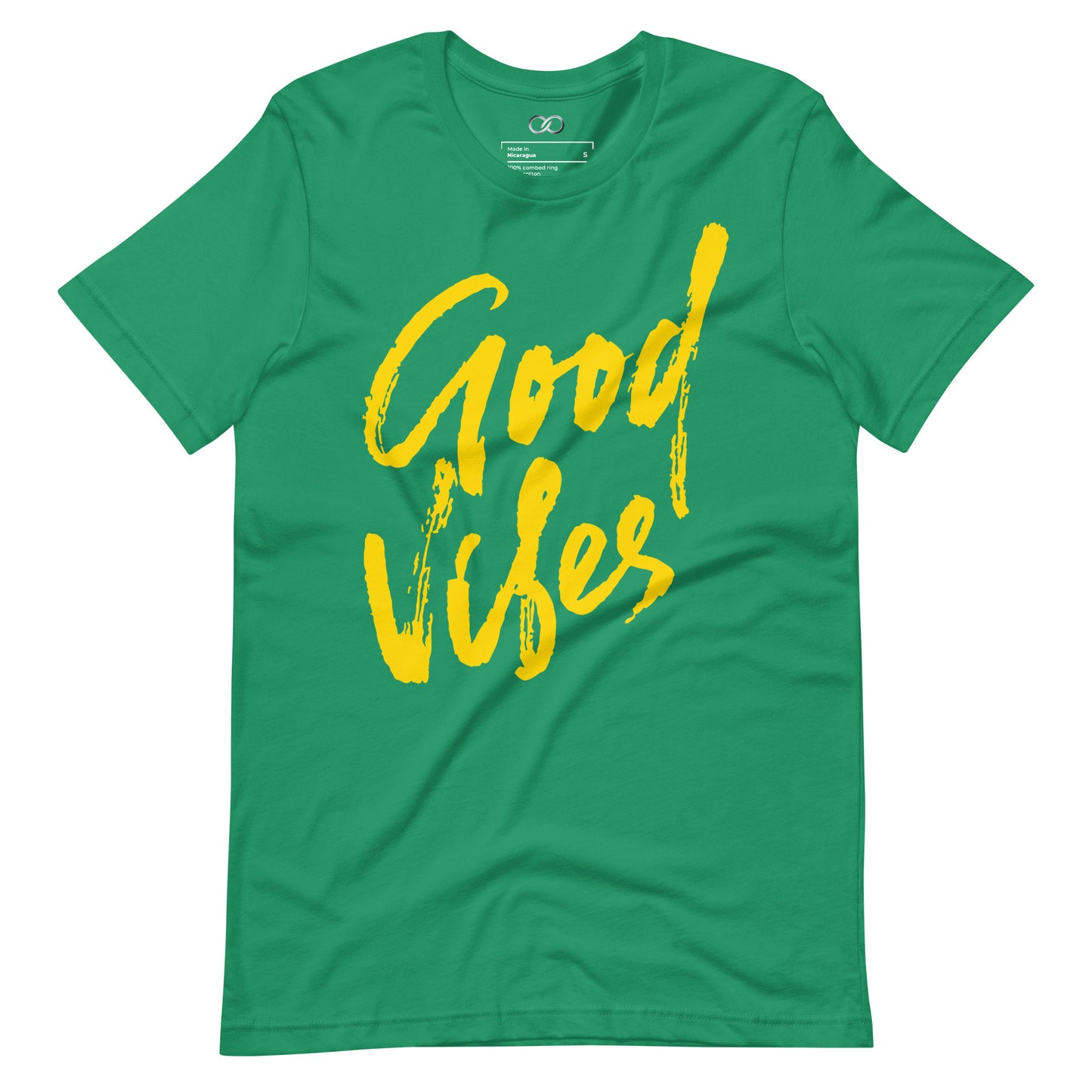Green cotton t-shirt with 'Good Vibes' in dripping yellow paint-style graphic, exuding positivity in a relaxed fit.