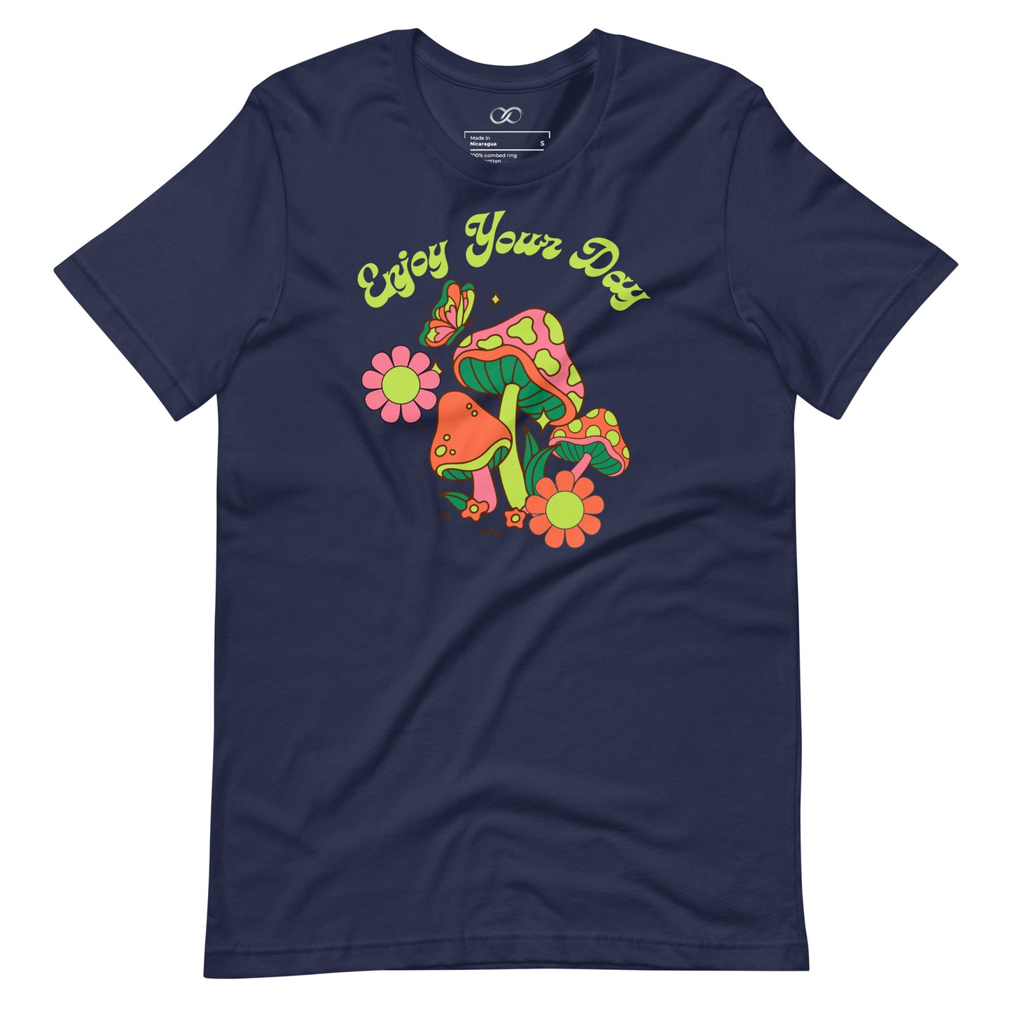 A navy short sleeve shirt featuring a colorful 'Enjoy Your Day' mushroom design, combining comfort with a cheerful saying.