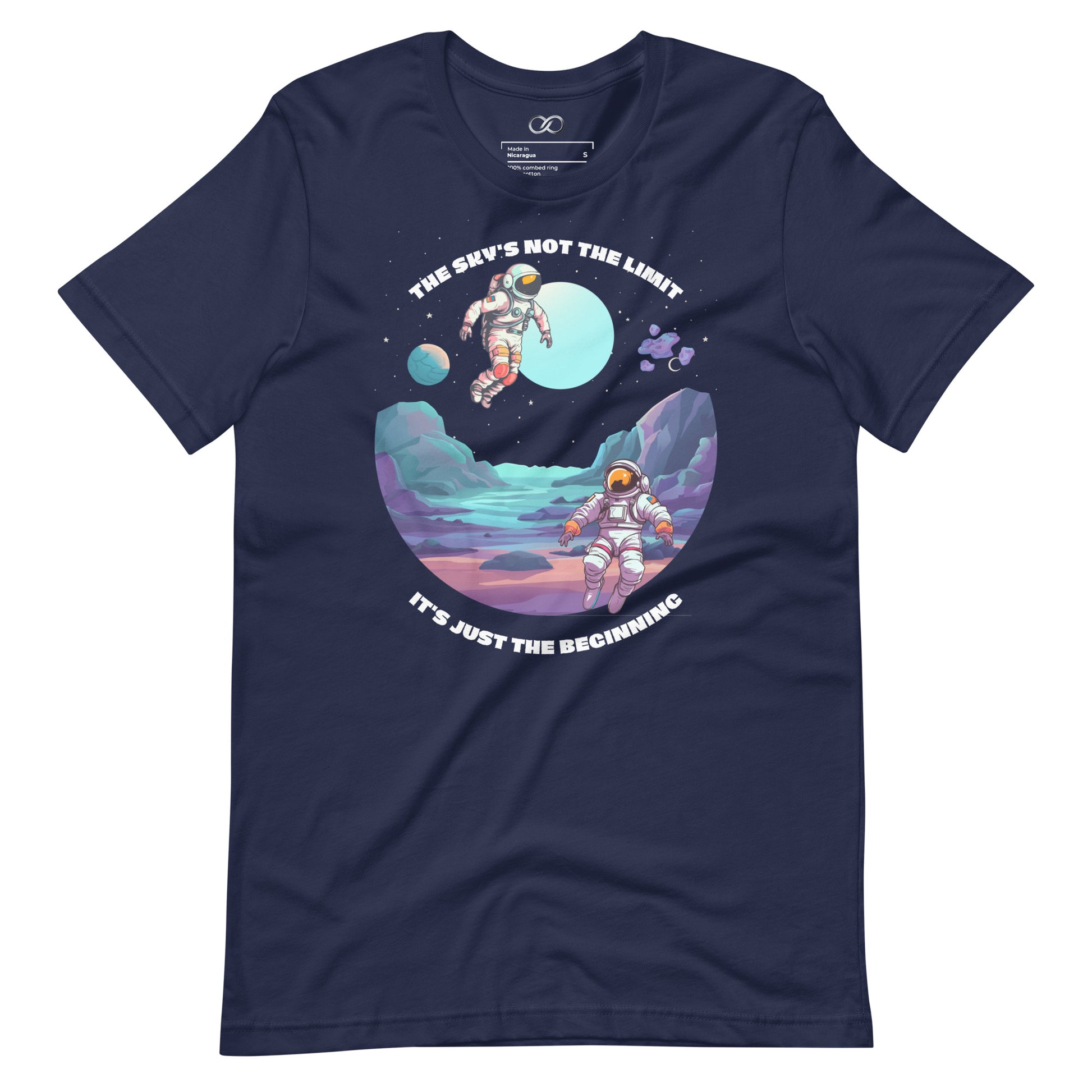 Navy relaxed-fit t-shirt with a humorous space-themed graphic design and statement, crafted from soft cotton for ultimate comfort.