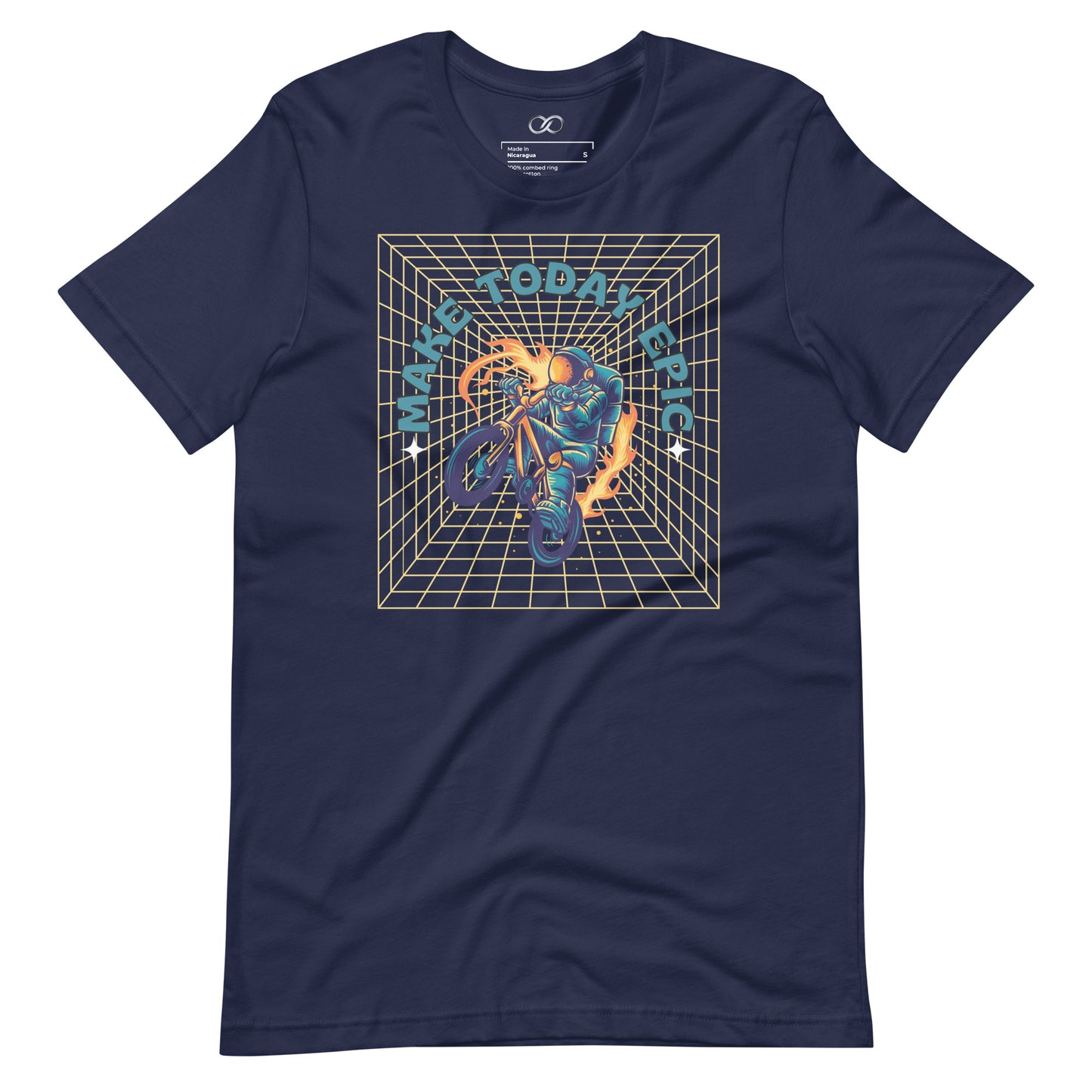 Navy relaxed fit t-shirt with a unique graphic of a cyclist in space, captioned 'Make Today Epic'.