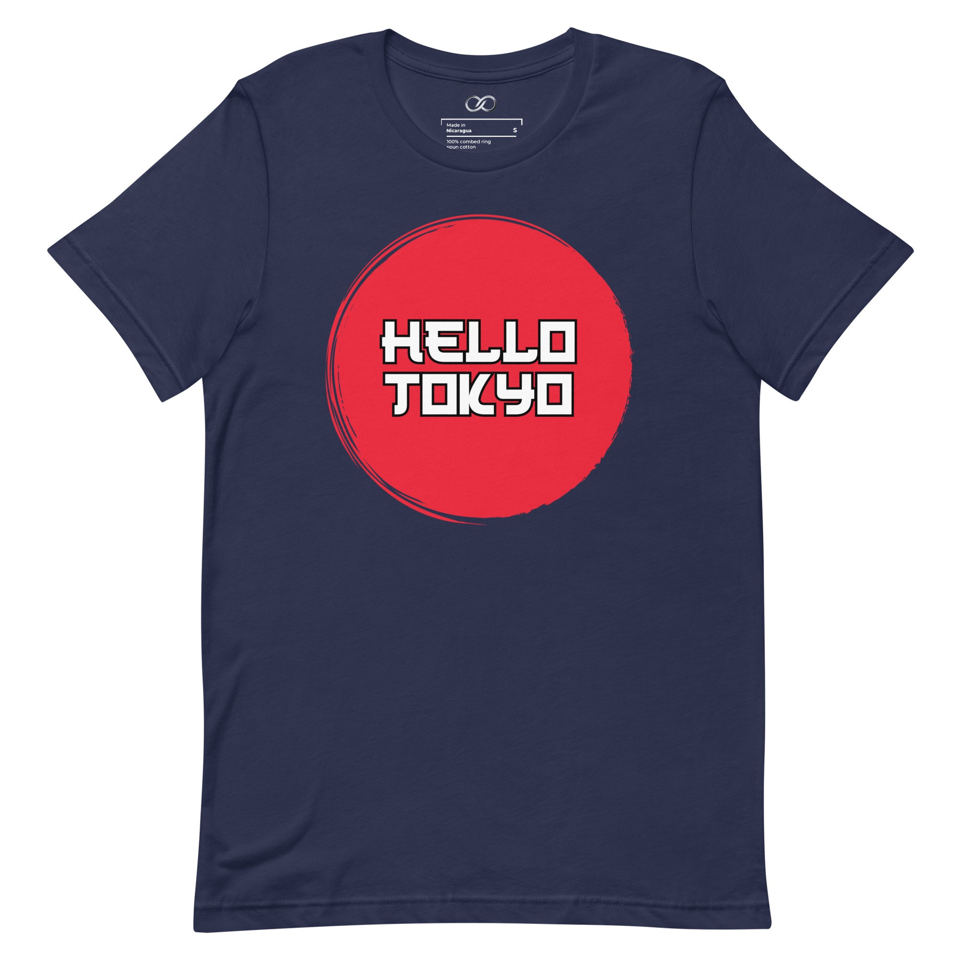 A full view of a navy blue t-shirt with 'Hello Tokyo' text inside a striking red circle, laid flat to display the design.