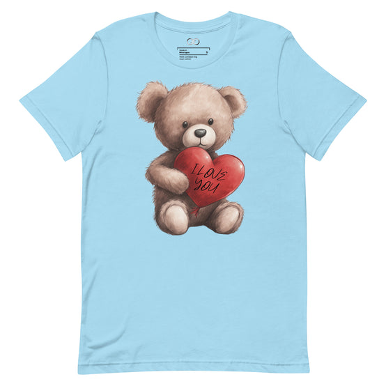 light blue t-shirt displaying a charming teddy bear clutching a red heart with 'I Love You' script, symbolizing affection and love.