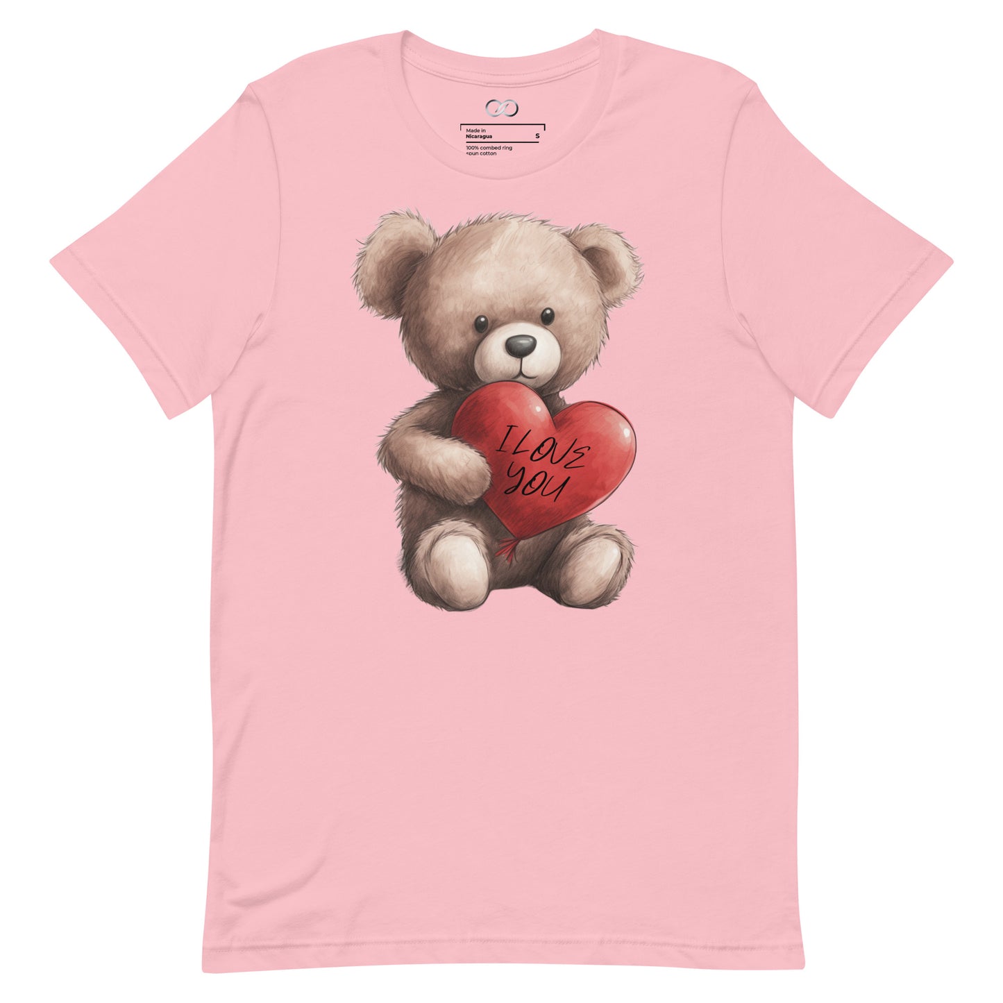 pink t-shirt displaying a charming teddy bear clutching a red heart with 'I Love You' script, symbolizing affection and love.