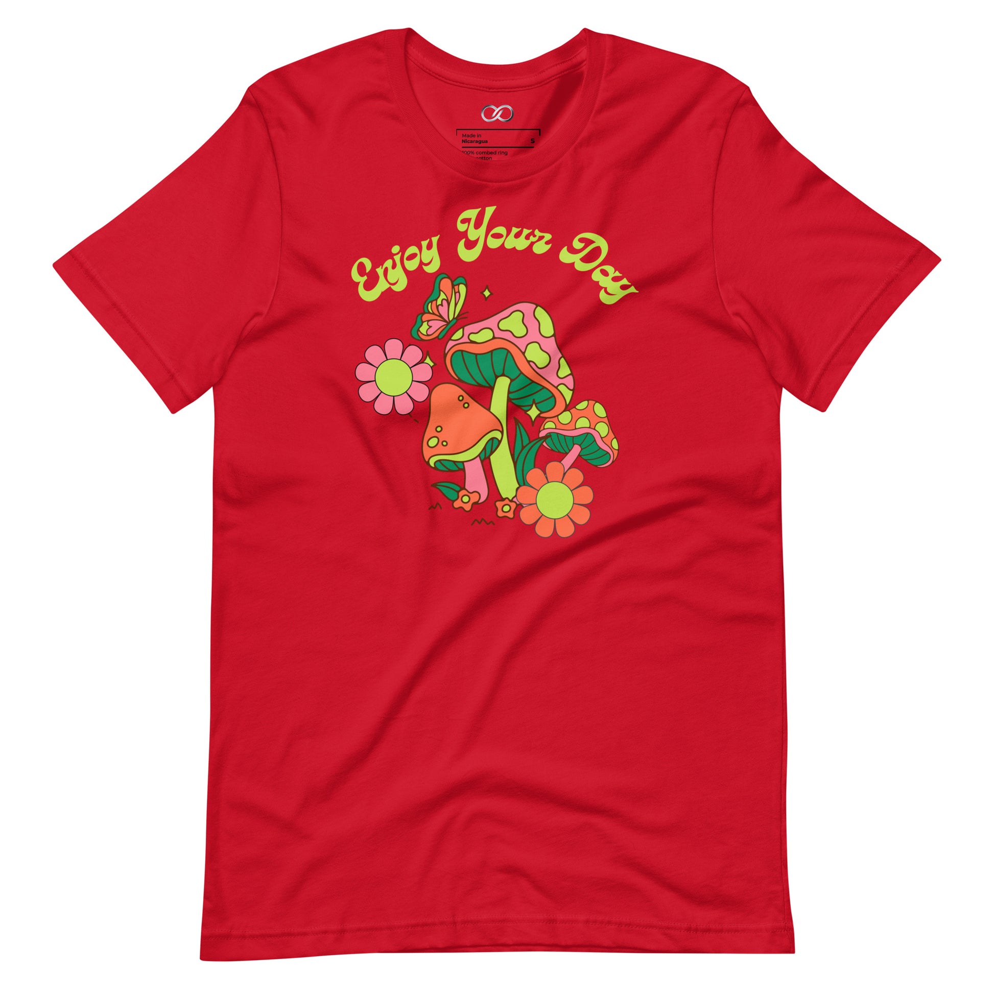 A red short sleeve shirt featuring a colorful 'Enjoy Your Day' mushroom design, combining comfort with a cheerful saying.