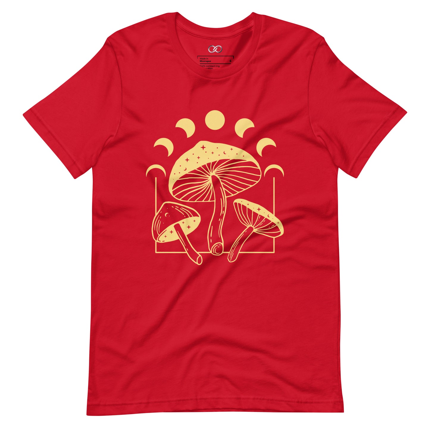 Red Soft cotton t-shirt with a round neck and a cosmic mushroom graphic, merging nature with celestial vibes.