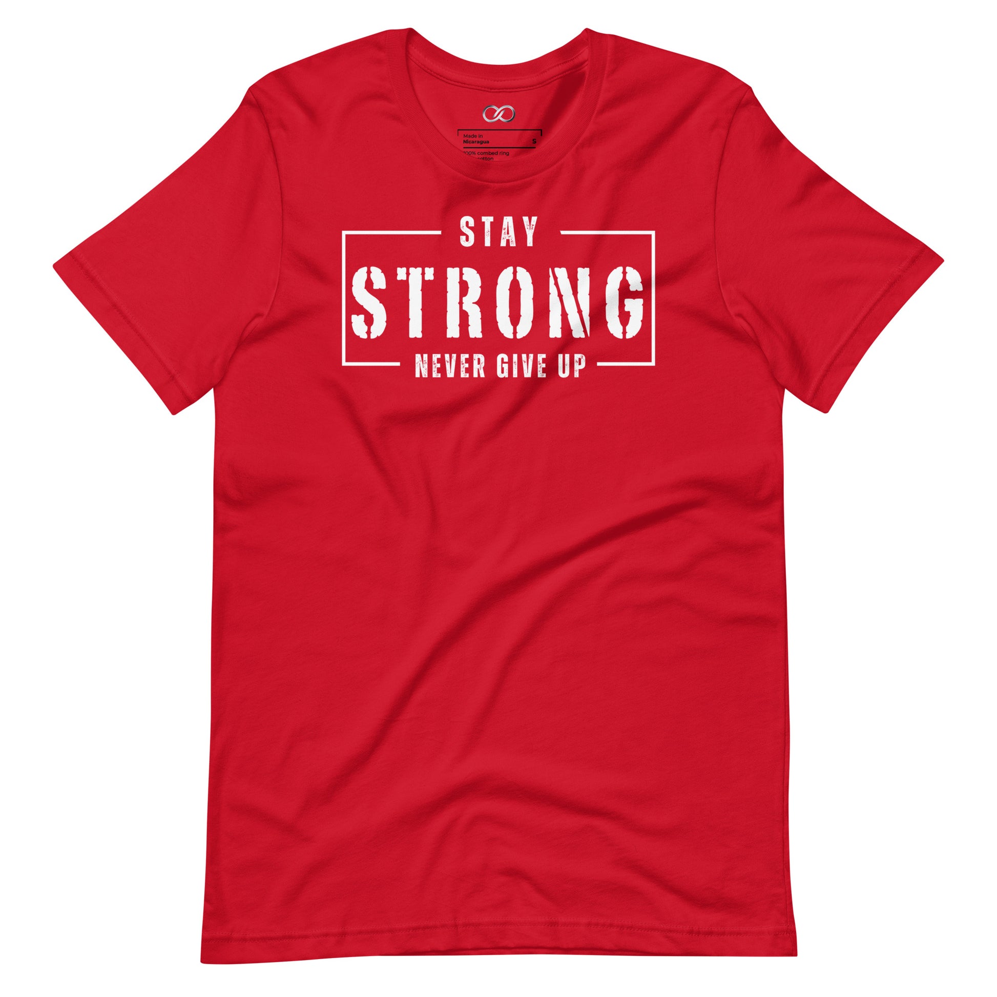 Red crew neck t-shirt featuring the motivational phrase 'Stay Strong Never Give Up' in bold white lettering, symbolizing determination and courage.