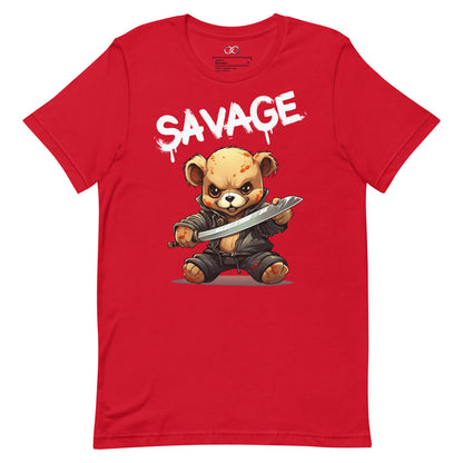 A red t-shirt with a dynamic graphic of an aggressive teddy bear holding a knife, with the word 'SAVAGE' in bold, dripping white letters above.