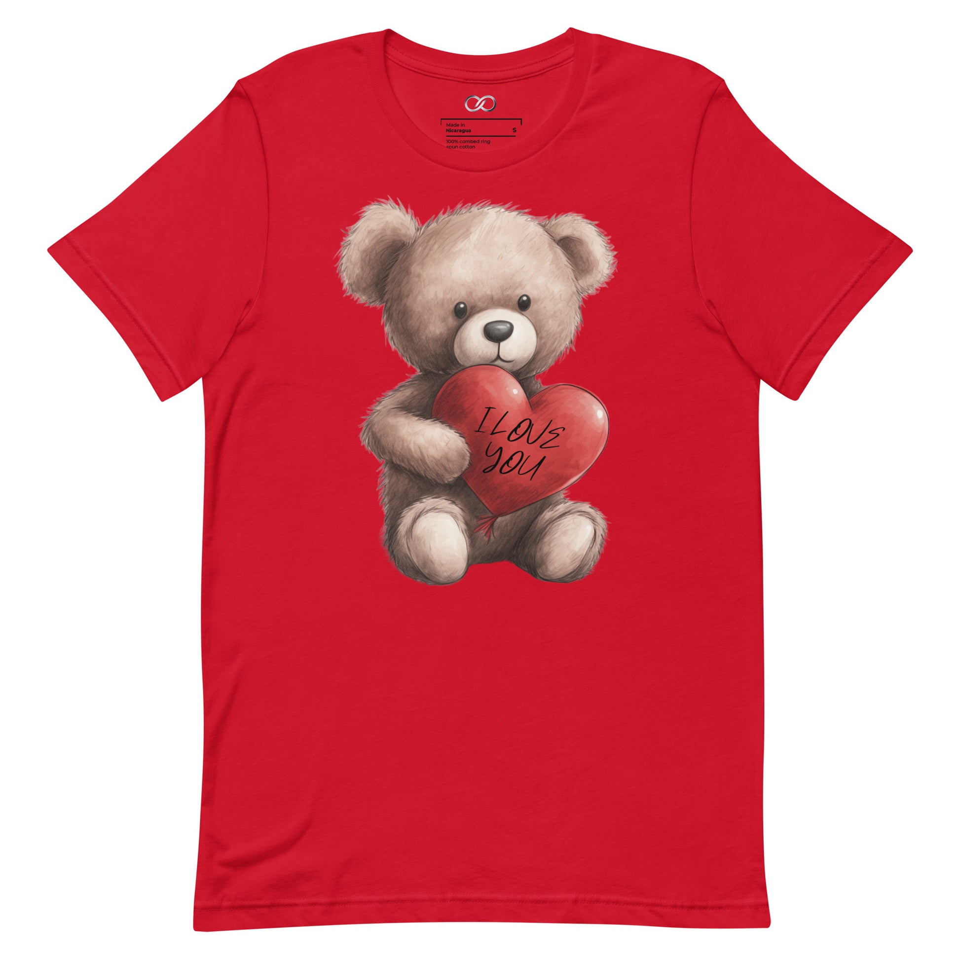 red t-shirt displaying a charming teddy bear clutching a red heart with 'I Love You' script, symbolizing affection and love.