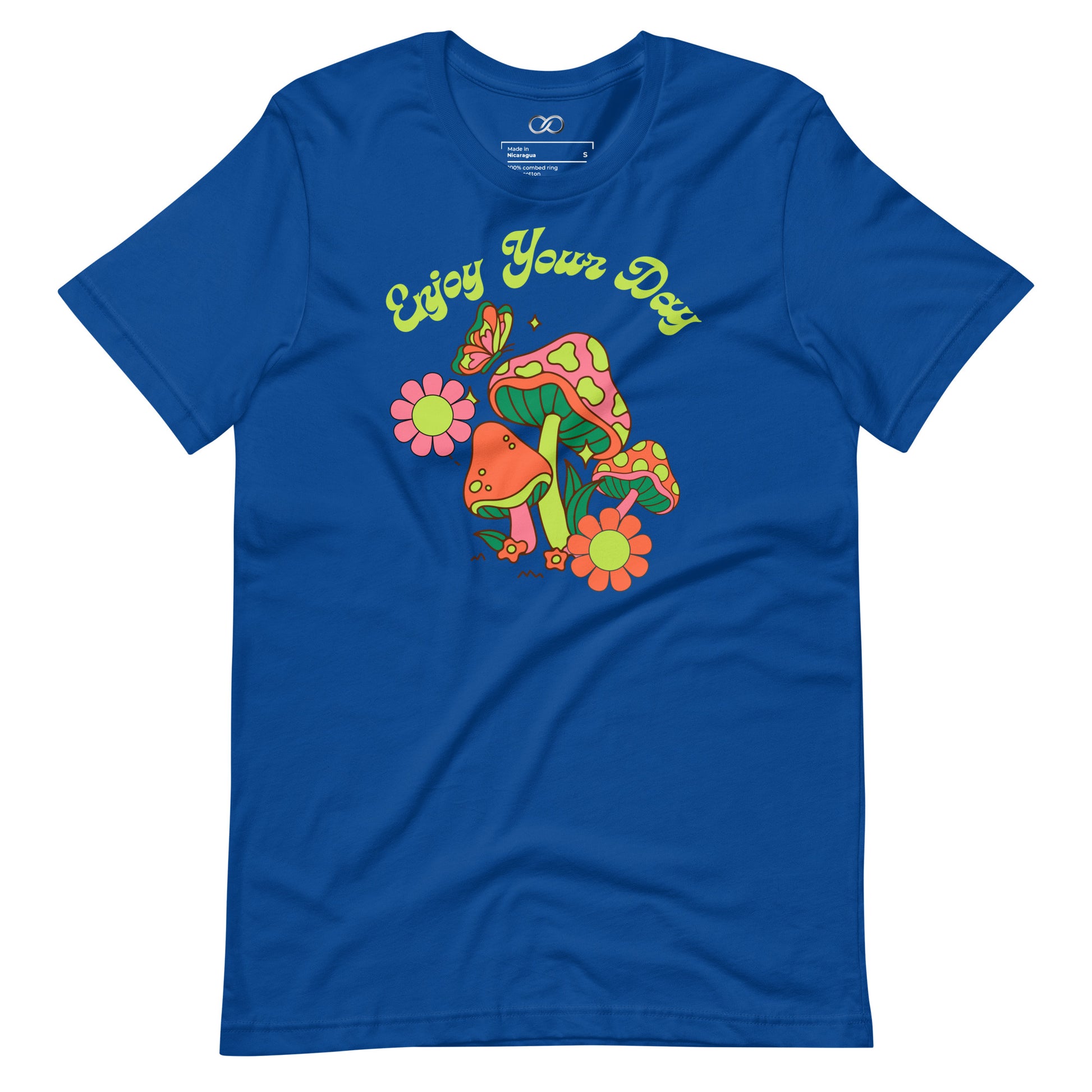 A Blue short sleeve shirt featuring a colorful 'Enjoy Your Day' mushroom design, combining comfort with a cheerful saying.
