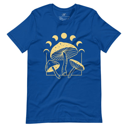 Blue Soft cotton t-shirt with a round neck and a cosmic mushroom graphic, merging nature with celestial vibes.