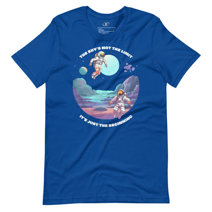 Blue relaxed-fit t-shirt with a humorous space-themed graphic design and statement, crafted from soft cotton for ultimate comfort.