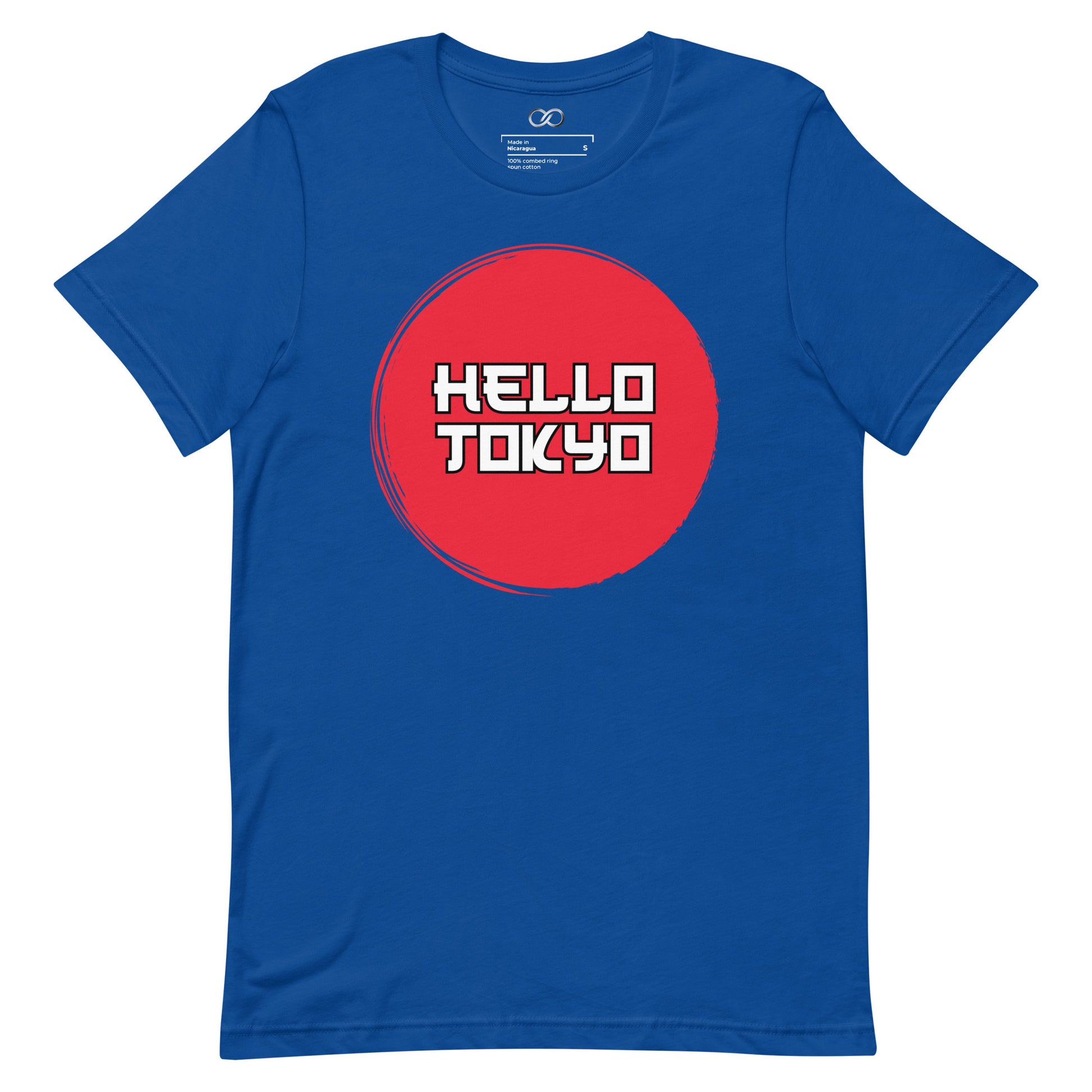 A full view of a royal blue t-shirt with 'Hello Tokyo' text inside a striking red circle, laid flat to display the design.